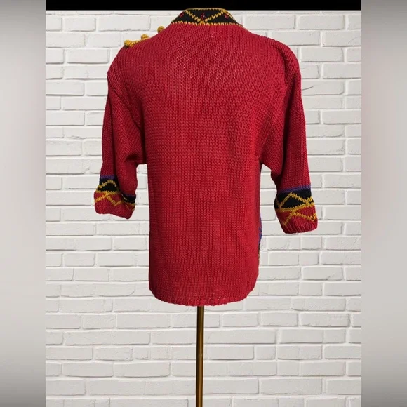 Vintage Hand Knit Sweater Red Ramie Cotton Beaded Retro Chunky Bold 80s 90s S - Picture 2 of 4